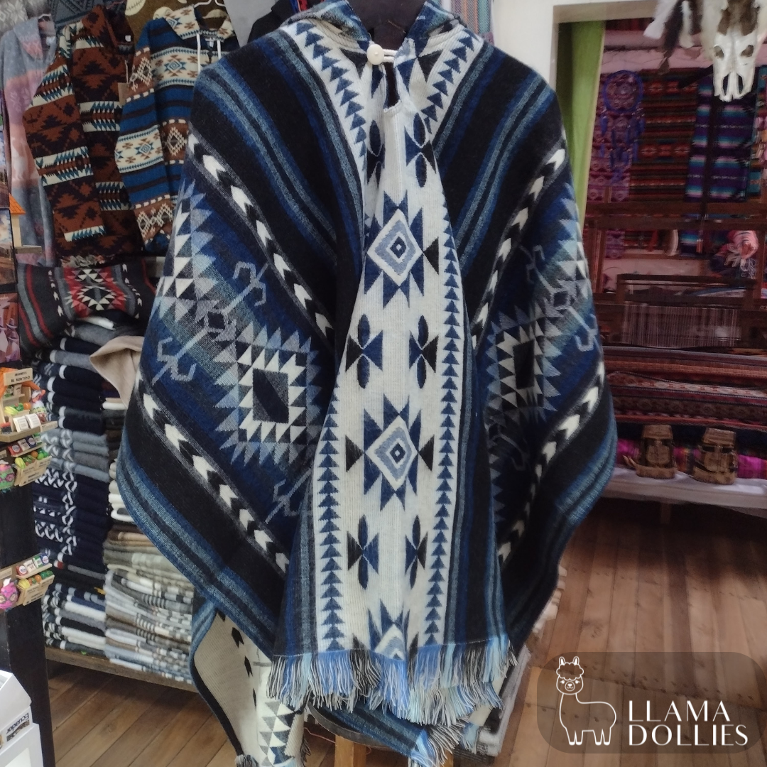 Alpaca Wool/Blend Poncho: Hooded  | Blue Geometric Color Pattern | Handmade in Ecuador.