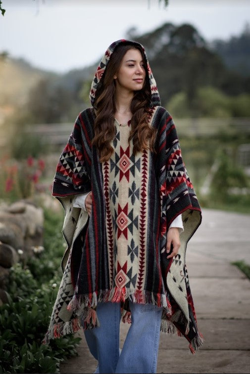 Alpaca Wool/Blend Poncho | Hooded | Unique Geometric Design | Red Color Pattern | Handmade in Ecuador.