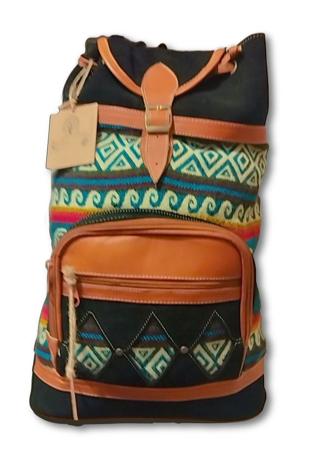 Alpaca Wool Backpack with Genuine Leather / Unique Original Andean Design / Green Color Scheme