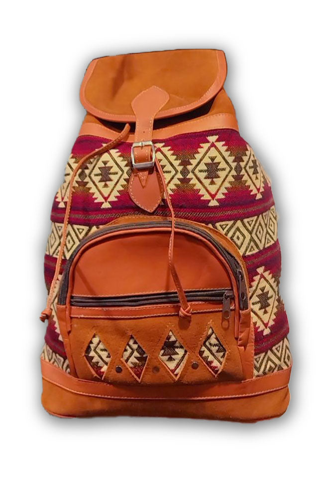 Alpaca Wool Backpack with Genuine Leather / Unique Original Andean Design / Red & Yellow Color Scheme