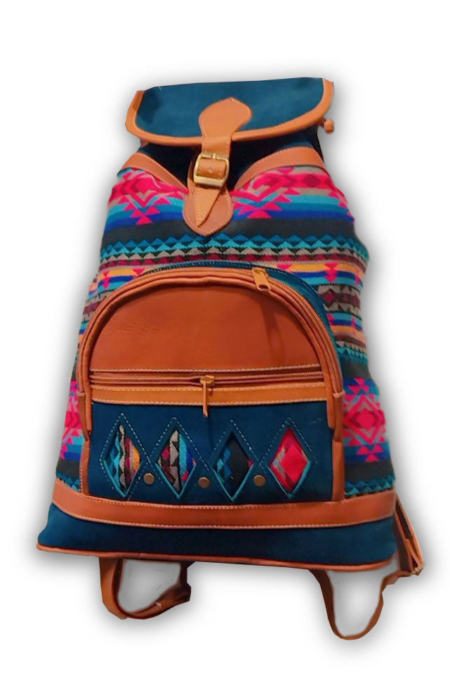 Alpaca Wool Backpack with Genuine Leather / Unique Original Andean Design / Pink  and Blue Color Scheme
