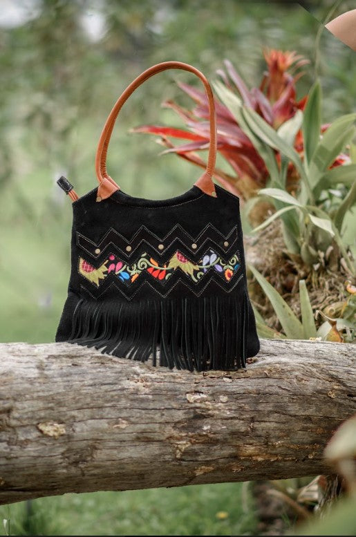 Indigenous Hand Made Suede w/Wool accents Handbag-Ecuador/Hand strap Suede Purse, Boho Purse