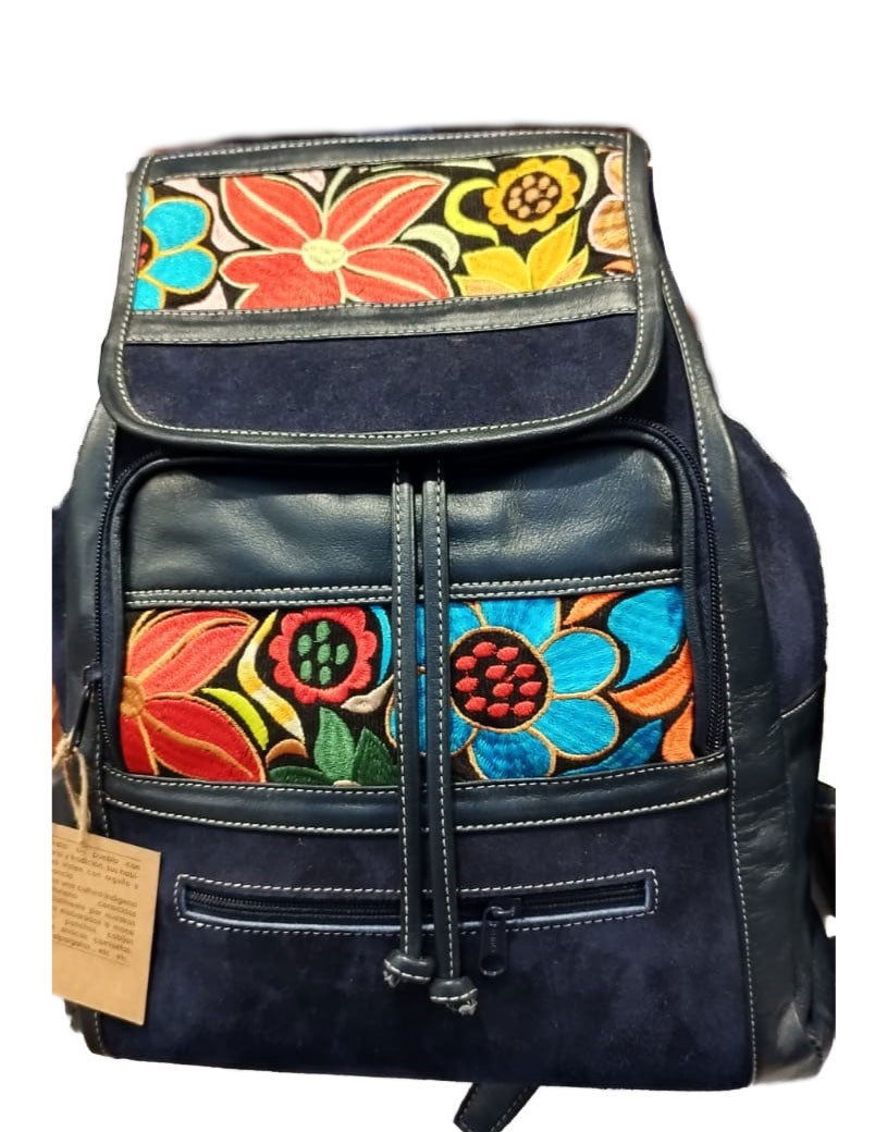 Leather and Alpaca Wool Woven Backpack with Suede Accents - Waterproof/Native pattern designed/Genuine Dark Blue  3