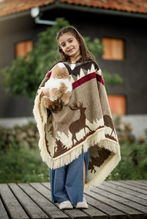 Alpaca Wool/Blend Poncho | Small For Children | Unisex | Hooded | Brown Natural Landscape and Geometric Color Pattern | Handmade in Ecuador.