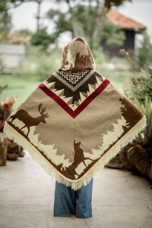 Alpaca Wool/Blend Poncho | Small For Children | Unisex | Hooded | Brown Natural Landscape and Geometric Color Pattern | Handmade in Ecuador.